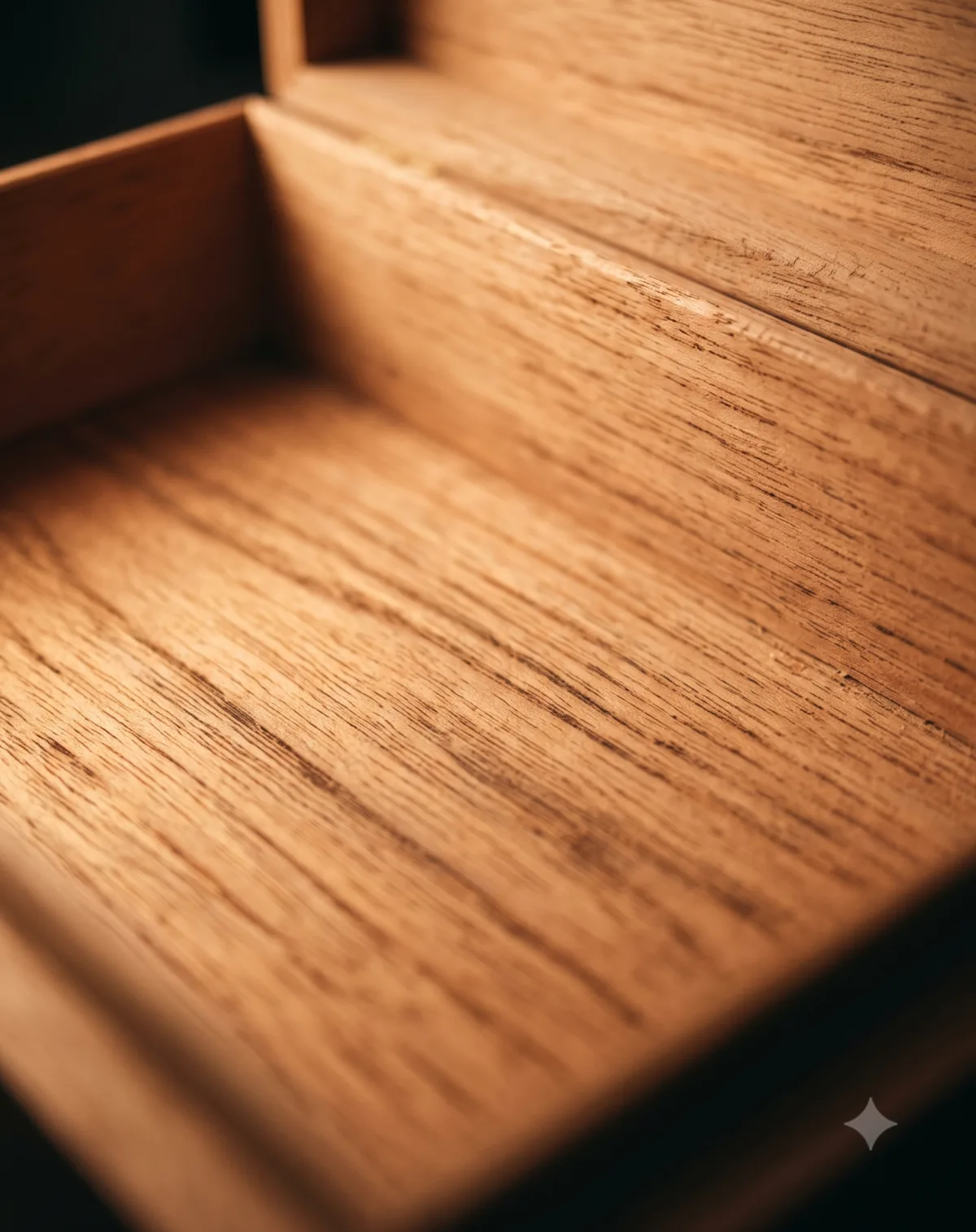 Close-up van het cederhouten interieur van een lege humidor in warm licht