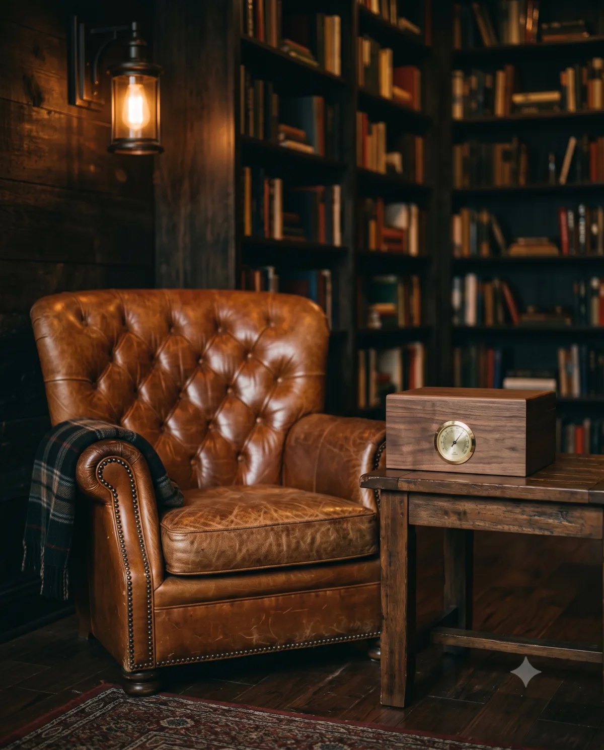 Sfeervolle lounge met leren chesterfield-fauteuil en een gesloten houten humidor met hygrometer op een bijzettafel