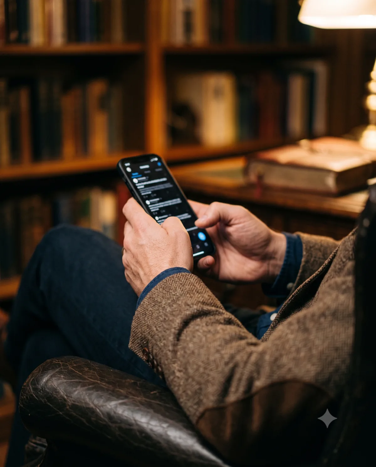 Man in een studeerkamer werkt zijn sigarencollectie bij op zijn telefoon